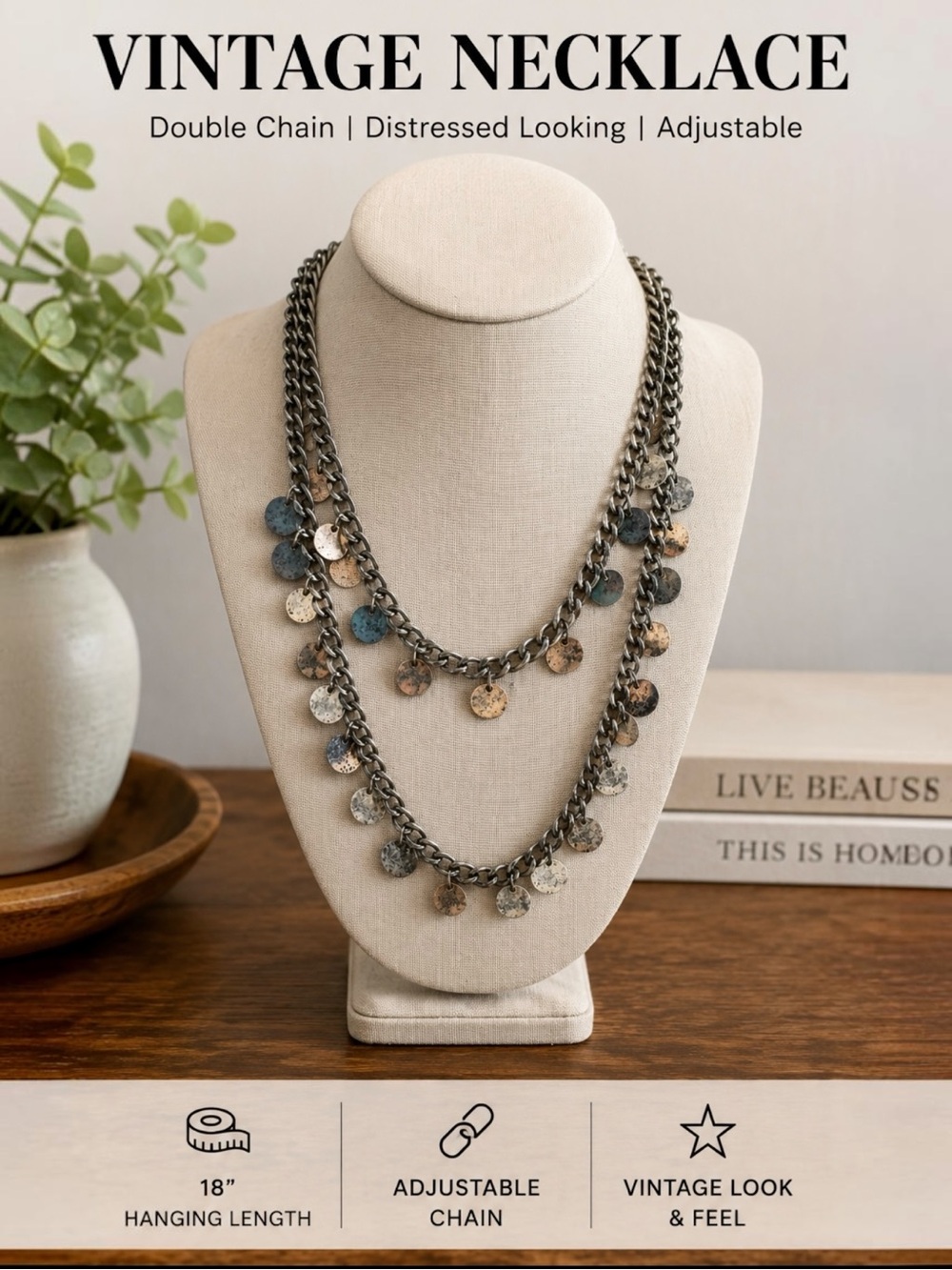 Vintage Double Chain Coin Necklace‎ Gunmetal Boho Layered 36” Adjustable